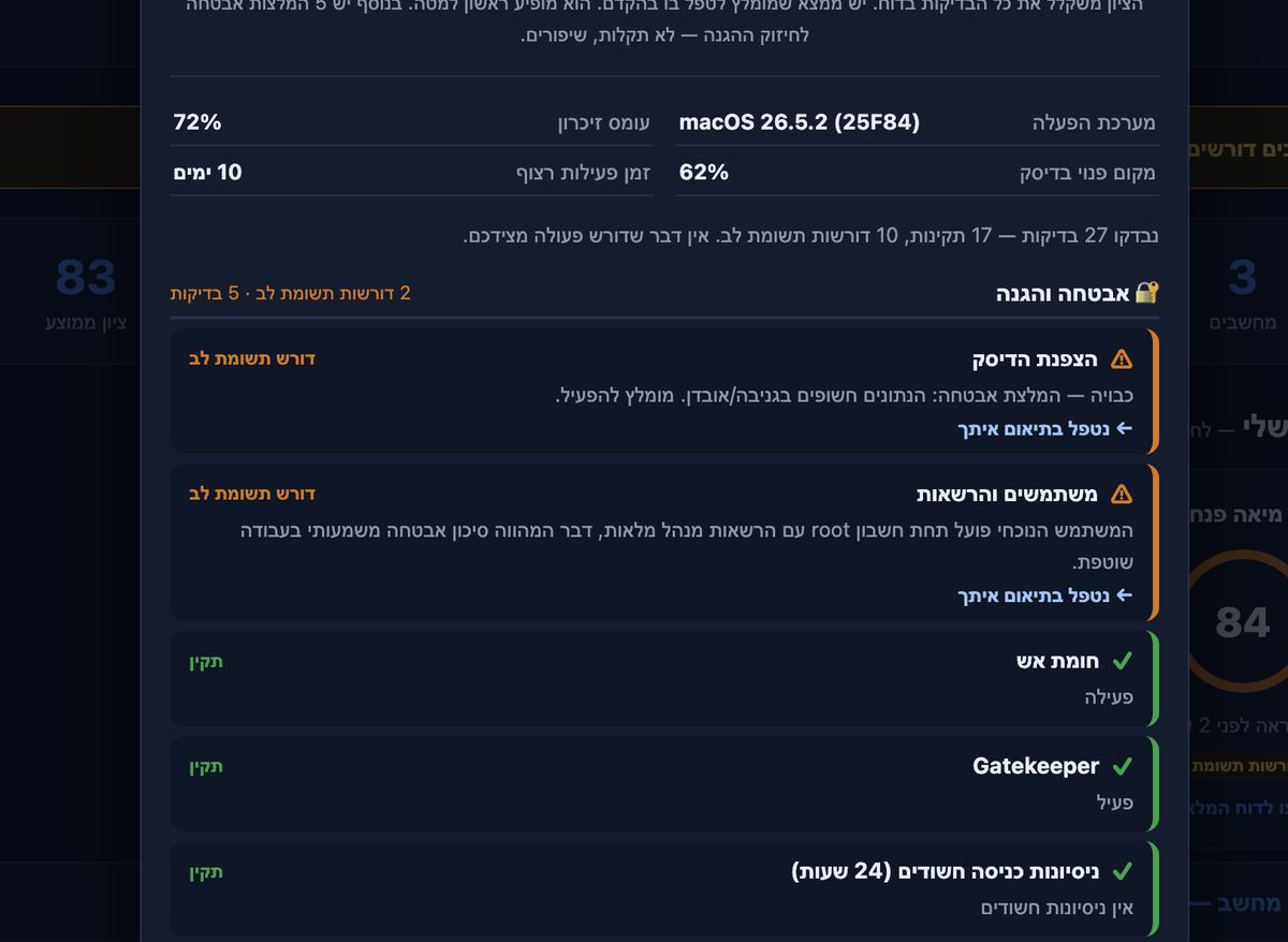 דוח תוכנה עם סטטיסטיקות ביצועים ואזהרות אבטחה